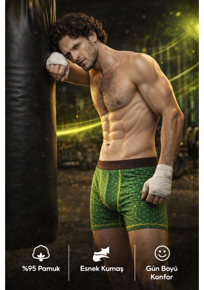 Mercan Matematiksel Desenli Pamuklu Boxer - İz Yapmayan Bel Lastiği Yeşil