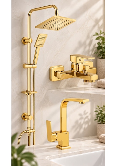 Viosa Gold Yağmurlama Robot Tepe Duş Seti Banyo Lavabo Bataryası 3'lü 5 Yıl Garantili Set Krom