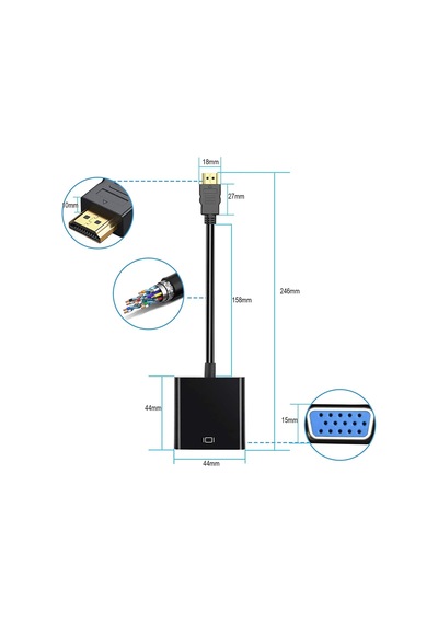 Hdmi to Vga Dönüştürücü 3.5mm Aux Ses Destekli Hdmi Erkek Vga Diş
