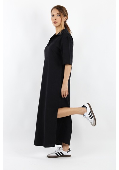 Ritnice Kadın Basic Siyah Polo Yaka Yırtmaçlı Elbise