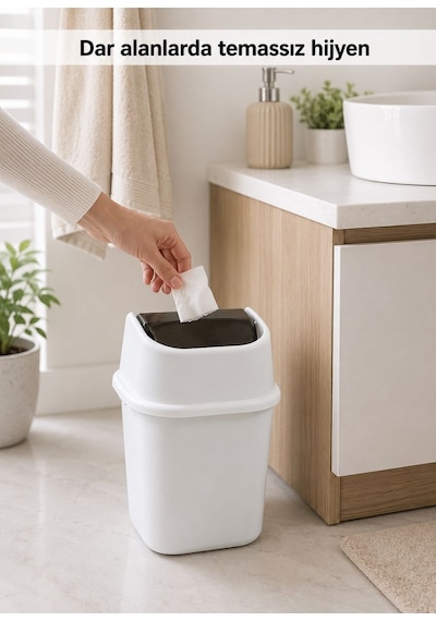 Beyaz Çöp Yut Çöp Kovası 6 L - Sallanır Kapaklı Kompakt Banyo Odası Ve Masa Altı Çöp Kutusu