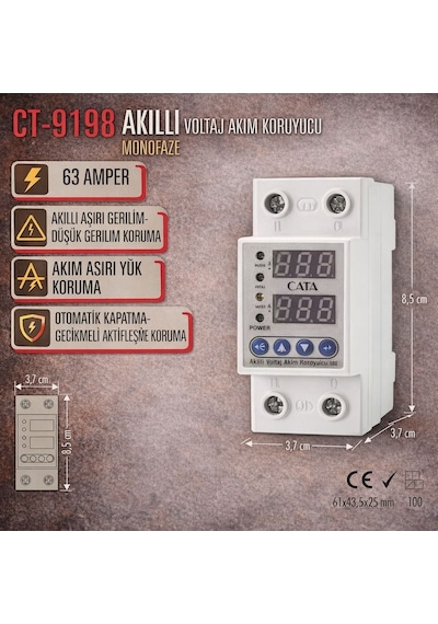 Cata Monofaze Ct-9198 63a Akıllı Voltaj Akım Koruyucu