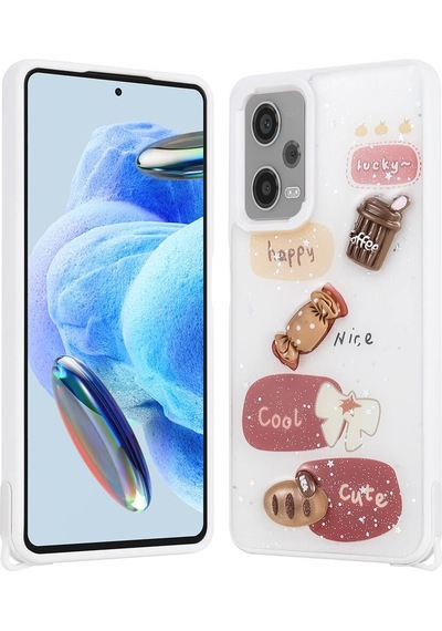 Xiaomi Redmi Note 12 Pro Plus 5g Kılıf Parlayan Simli Kabartma Figürlü Zore Cevze Kapak Beyaz