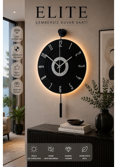 MetaQuartz Aksesuar Full Siyah - Gümüş Rakam - Kardelen 7-24 Kablosuz Pilli Led Modern Dekoratif Duvar Saati