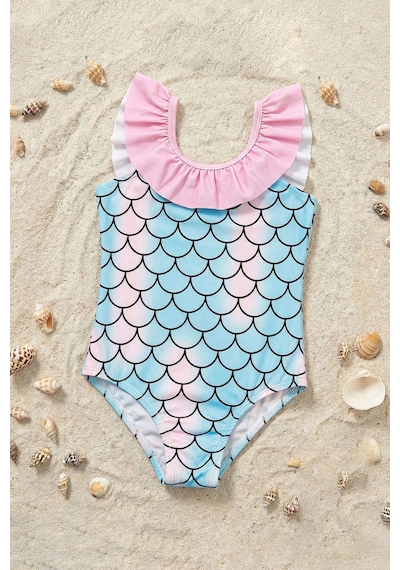 Zuzunga Kız Çocuk Mermaid Desenli Fırfırlı Mayo Mavi-pembe