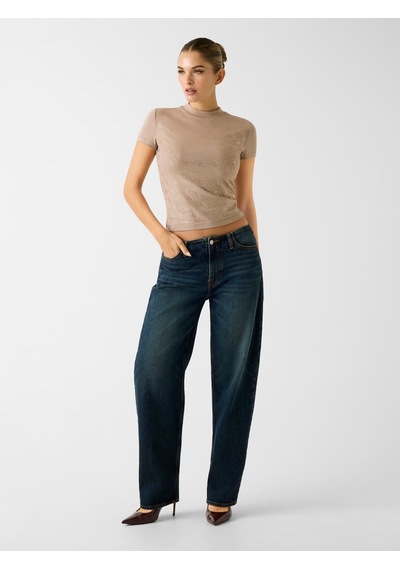 Guess W4bı26j1314 Ss Mock Neck All Ove Kadın Tişört Bej