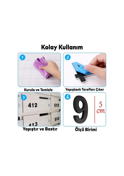 Lexroo Yapışkanlı Kapı Numarası Küçük Boy 50 Mm 5 Cm Numara 9 Rakam Dokuz Sayı Siyah Renk Numaralar Standart