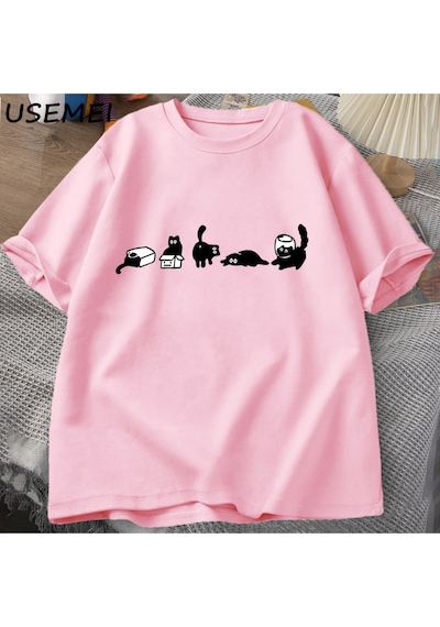 Flood Of Style Beş Ruh Kediler T-shirt Boy Kedi Anne Tee Komik Pamuk Kısa Kollu Kedi Severler T Shirt Erkek Pembe