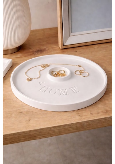 25 Cm Özel Tasarım "home" Temalı Yuvarlak Dekoratif Tepsi / Mum Tepsisi / Biblo Tepsisi Beyaz