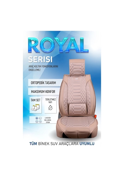 Mazda 2 Uyumlu Lüks Deri Oto Koltuk Kılıfı Ön Arka Takım Set Bej Royal Model Fs