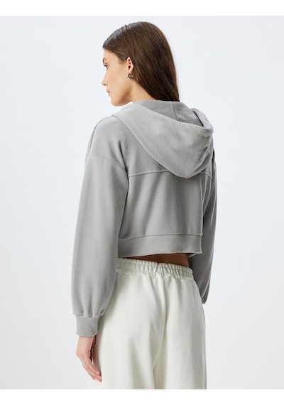 Koton Crop Kapüşonlu Fermuarlı Sweatshirt Cepli Uzun Kollu Gri 5wak10056ek Gri