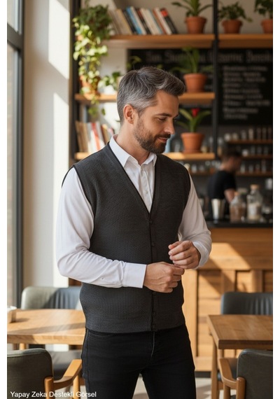 Kamalı Gri Erkek V Yaka Triko Düğmeli Cepli Çizgi Desenli Regular Fit Tüylenmeyen Örgü Yelek Gri