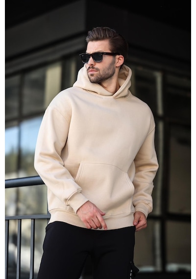 Madmext Bej Kapüşonlu Kanguru Cep Erkek Sweatshirt E7169 Bej