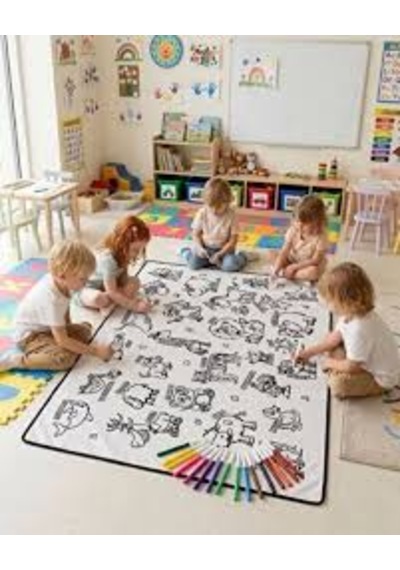 Boyama Örtüsü Boyama Halısı Yıkanabilir 100 X 150 Cm Penmark 12 Li Jumbo Keçeli Kalem Hediyeli