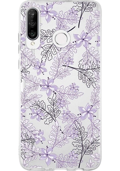 Huawei P30 Lite Uyumlu Kapak Floral Lila Tasarımlı Şeffaf Silikon Kılıf
