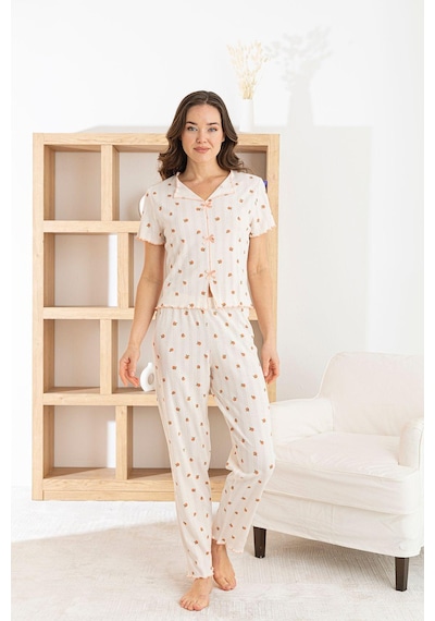 Nisanca Venice Dream %100 Pamuk Minimal Desenli Kadın Pijama Takımınefes Alabilir, Rahat Ev Giyim Seti Turuncu