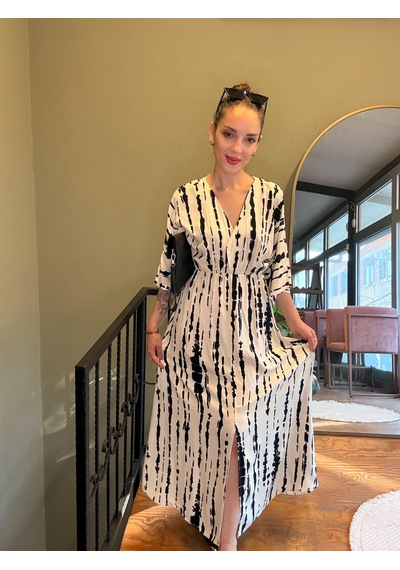 Ali Butik Ekru Desenli Yarasa Kol Kruvaze Yaka Viskon Elbise