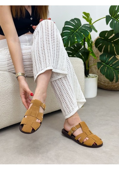 Erva'nın Butiği Camel Süet Lydia Kafes Detay Kadın Terlik-6352