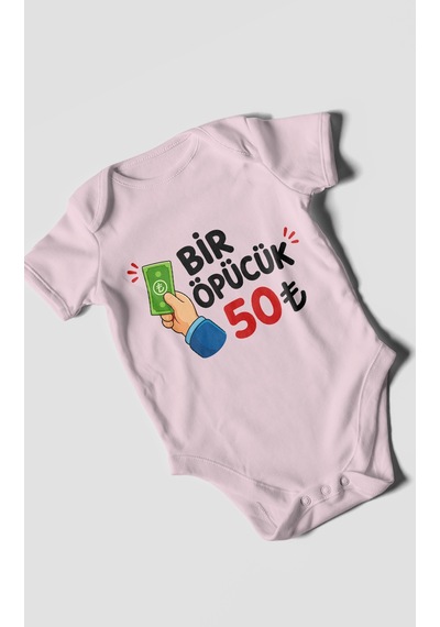 Morivokids Bir Öpücük 50tl Kısa Kollu Bebek Body %100 Pamuk Bebe Pembe
