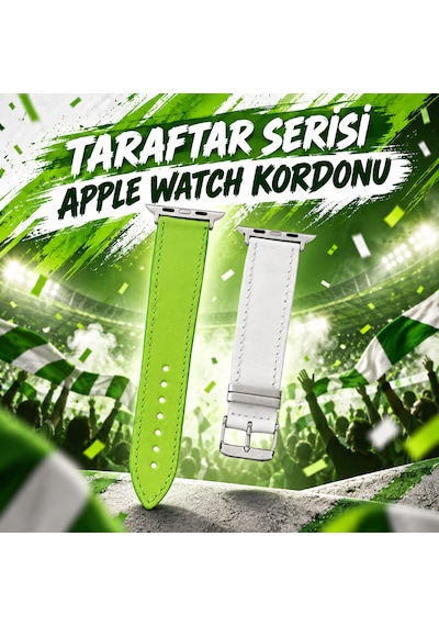 Goldoni Apple Watch Uyumlu Yeşil Beyaz İnce Hakiki Deri Taraftar Kordonu Metal Köprülü