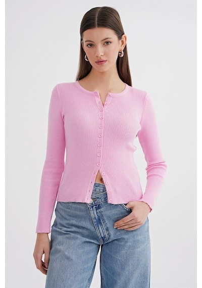 Mixray 6931 Kadın Düğmeli Fitilli Triko Hırka Pembe