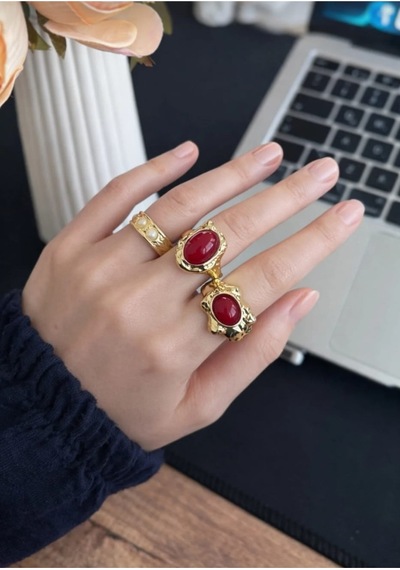 Lunarie Vintage Dövme Kırmızı Taşlı 3'lü Yüzük Seti Altın