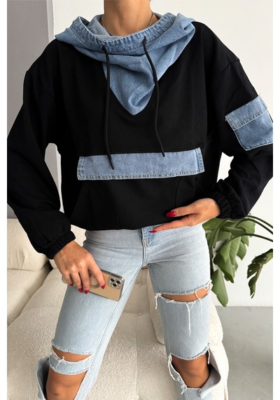 Femelle Kot Garnili Kapüşonlu Tasarım Sweatshirt siyah