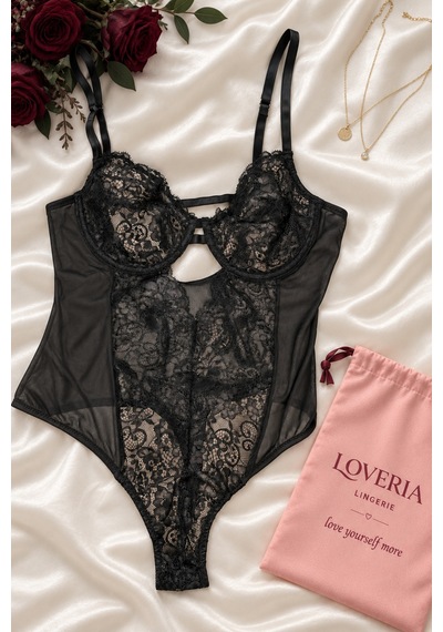 Loveria Siyah Balenli Dolgusuz Dantelli Babydoll Siyah Siyah