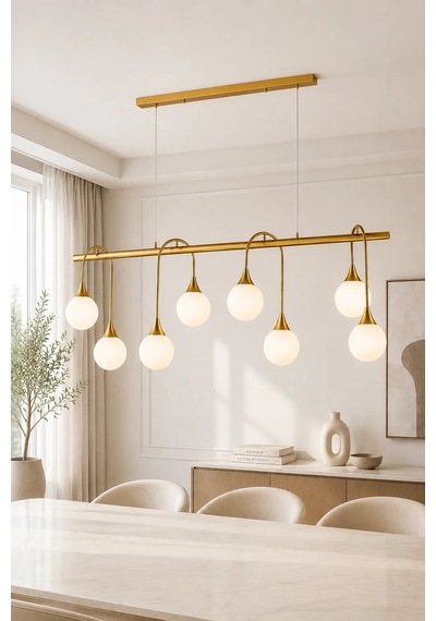 Eskitme Premium Gold 8 Opal Küreli Sarkıt Avize Yemek Masası Salon Mutfak Avizesi 40w Beyaz