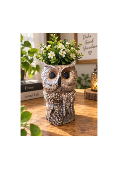 Dekoratif Baykuş Kalemlik Ve Saksı Şık Masaüstü Organizer 20x10 Cm Gümüş