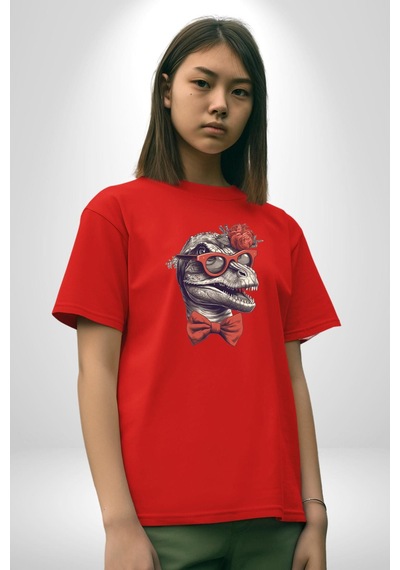 Kırmızı Gözlük Papyon Dinazor Pamuklu Bisiklet Yaka Unisex Oversize Boyfriend Dijital Baskılı Kırmızı T-shirt Kırmızı