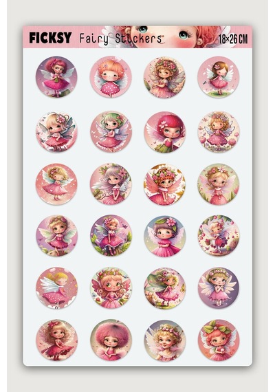 Sevimli Pembe Peri Sticker Seti - 24 Adet Yuvarlak Etiket Çıkartma Diğer