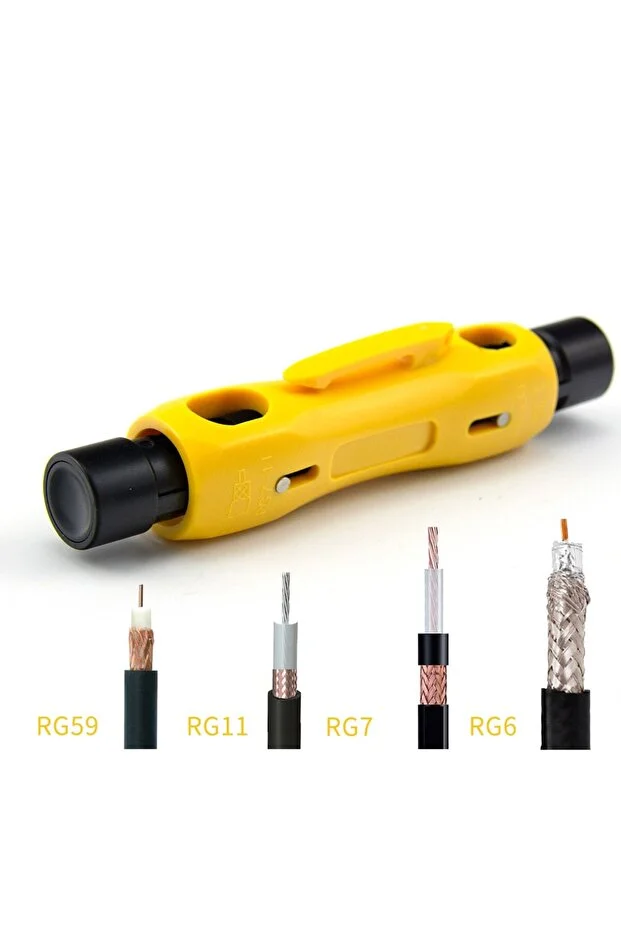 Koaksiyel Kablo Soyucu Rg-59 Rg-6 Rg-6q Rg-7 Rg-11 Için Çift Uçlu Koaks Kablo Sıyırma Tel Kesici Sarı