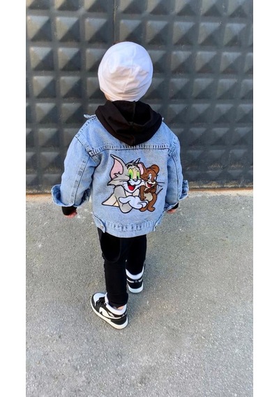 Berfonzo Kids Erkek Çocuk Tom Jerry Nakış Detay Kot Ceker Mavi