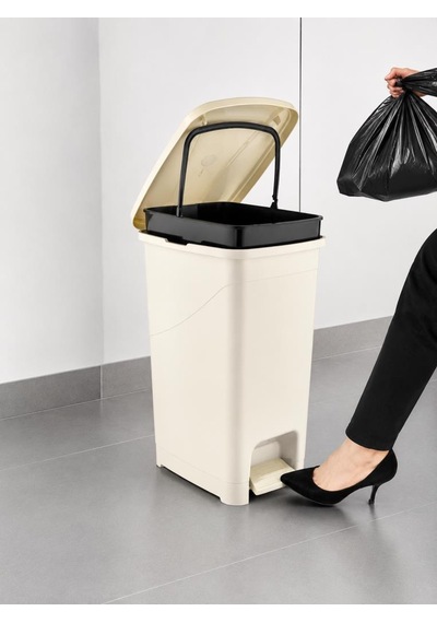 Omnipazar Srl-3028 Slim Pedallı İç Kovalı Plastik Çöp Kovası 15 Litre Bej
