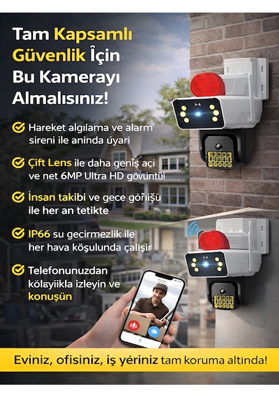 Ip66 Su Geçirmez Wifi Ptz 6mp Full Hd Çift Lens Hareket Sensörlü Alarmlı Ip Kamera Beyaz