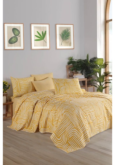 As Perde Cotton Life Çift Kişilik Pike Takımı Babil Sarı