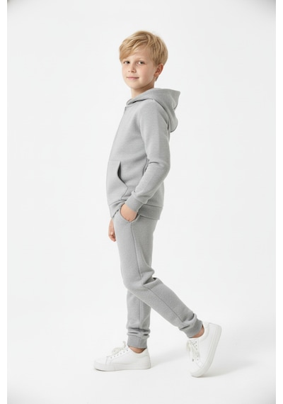 Fyk Kids 3 İplik Kışlık Şardonlu Düz Baskısız Fermuarlı Kapüşonlu Erkek Çocuk Eşofman Takımı Gri