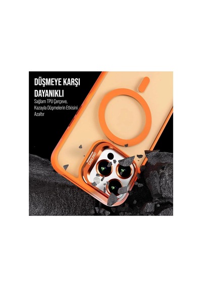 İphone 11 Uyumlu Magsafe Kılıf Mıknatıslı Standlı Darbeye Dayanıklı Mat Şeffaf Arka Kapak Lens Hediyeli Turuncu