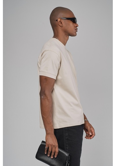 King Brich Slim Fit Kalıp Kolu Ribanalı Basic %100 Pamuklu Tişört Bej