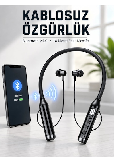 Kablosuz Bluetooth Boyun Kulaklığı 10 Metre Menzilli Mikrofonlu Ses Kontrollü Uzun Kullanım Süreli Kulak İçi Kulaklık