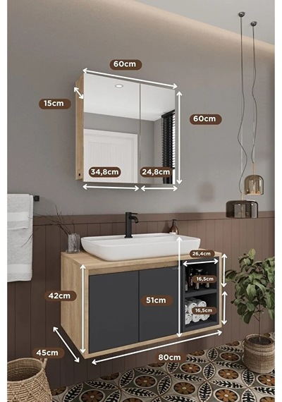 Lale 80 Cm %100 Mdf Lavabolu Banyo Dolabı + Aynalı Dolap Antrasit