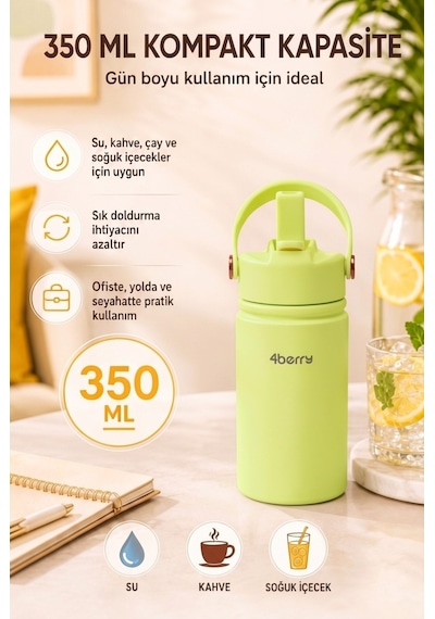 350 Ml Kulplu Pipetli Çelik Termos Bardak Bpa Free, Taşınabilir Mini Termos, Yeşil