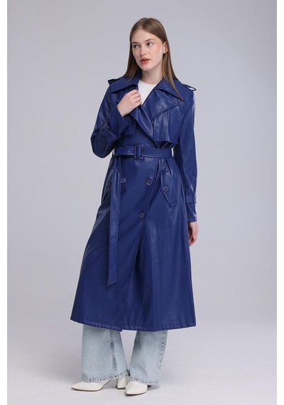 Selectmoda Kadın Kemerli Kruvaze Uzun Kaban Lacivert