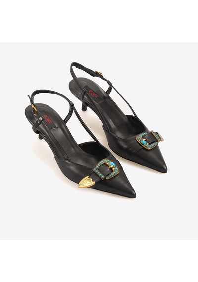 Rouge Kadın Taşlı Toka Detaylı Slingback Sivri Burun 6cm Topuklu Ayakkabı 7124 Siyah