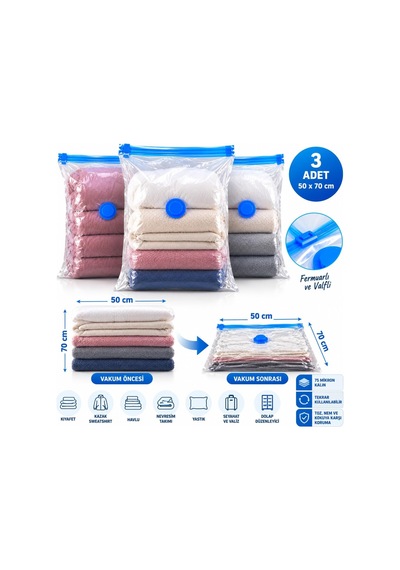 Tr 3 Adet Orta Boy 50 Cm X 70 Cm Vakumlu Poşet - Vakumlu Hurç - Vakumlu Torba