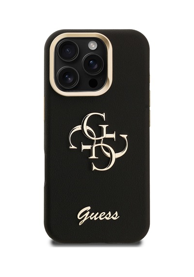 Apple iPhone 16 Pro Max Uyumlu Kılıf Guess  Lisanslı Grained Yazı Logolu Kamera Standlı Kapak Siyah