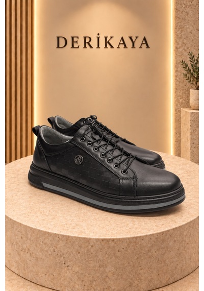 Deri Kaya Erkek Logo Detaylı Bağcıklı Günlük Sneaker Spor Ayakkabı Siyah