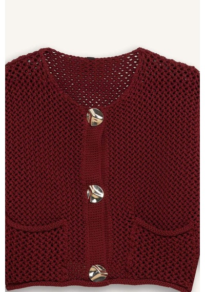Defacto Relax Fit Bisiklet Yaka Düğmeli Örgü Desenli Triko Hırka E1962AX24WNBR43 Bordo