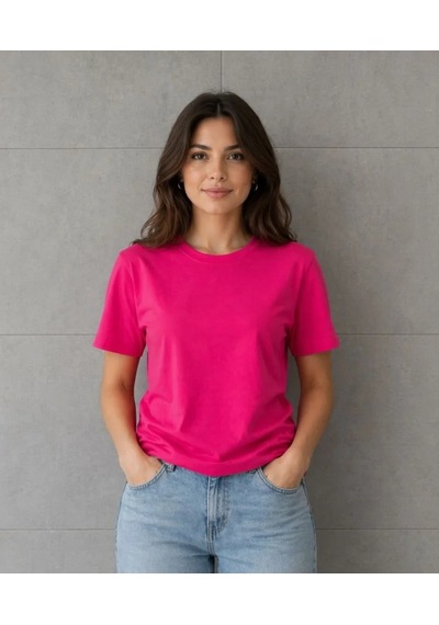 Defymoda Basic Pamuklu Tişört Bisiklet Yaka Düz Renk Relaxed Fit T-shirt - Fuşya